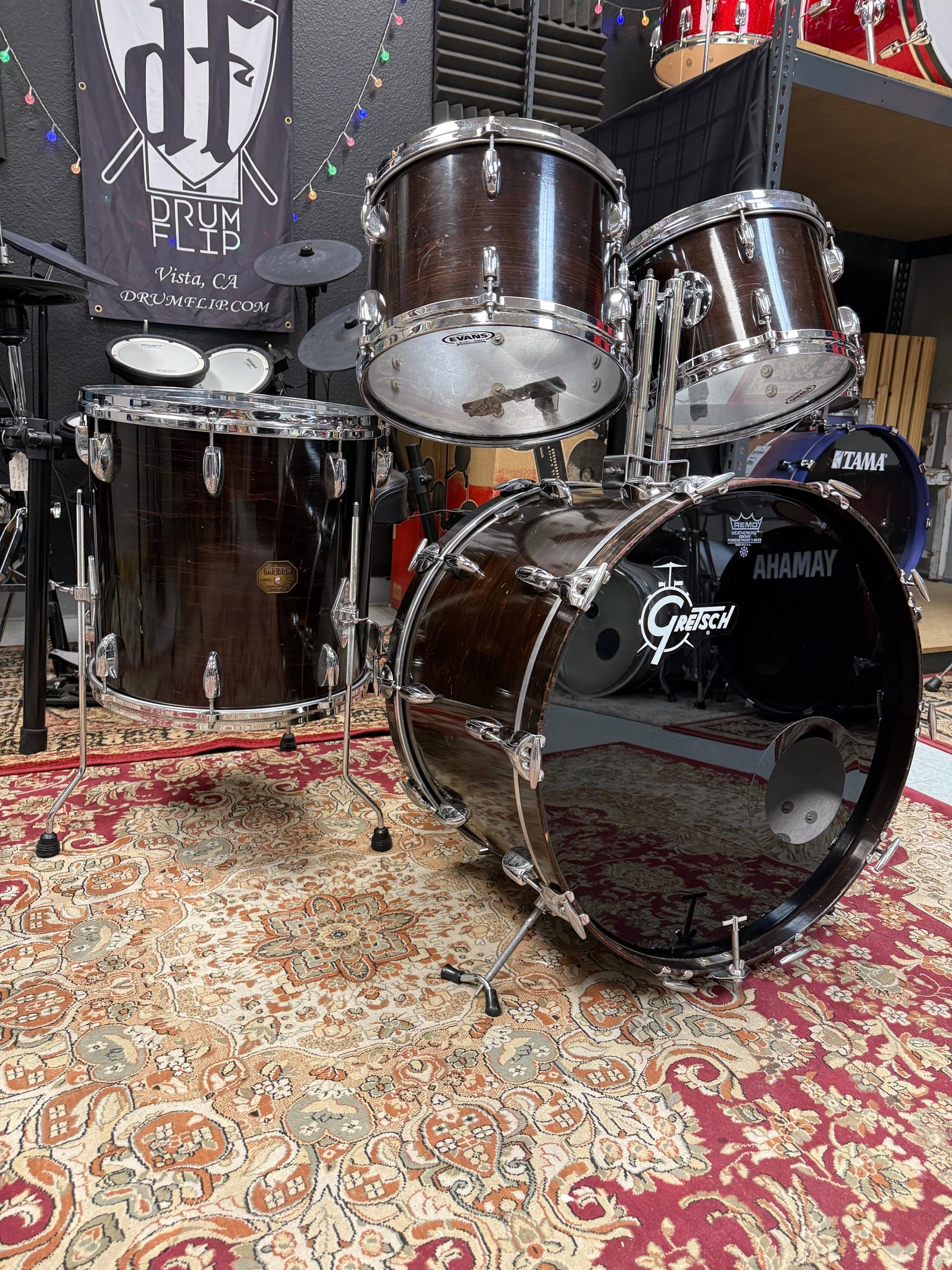 Gretsch Dark Walnut 4pc Drum Set 1970’s