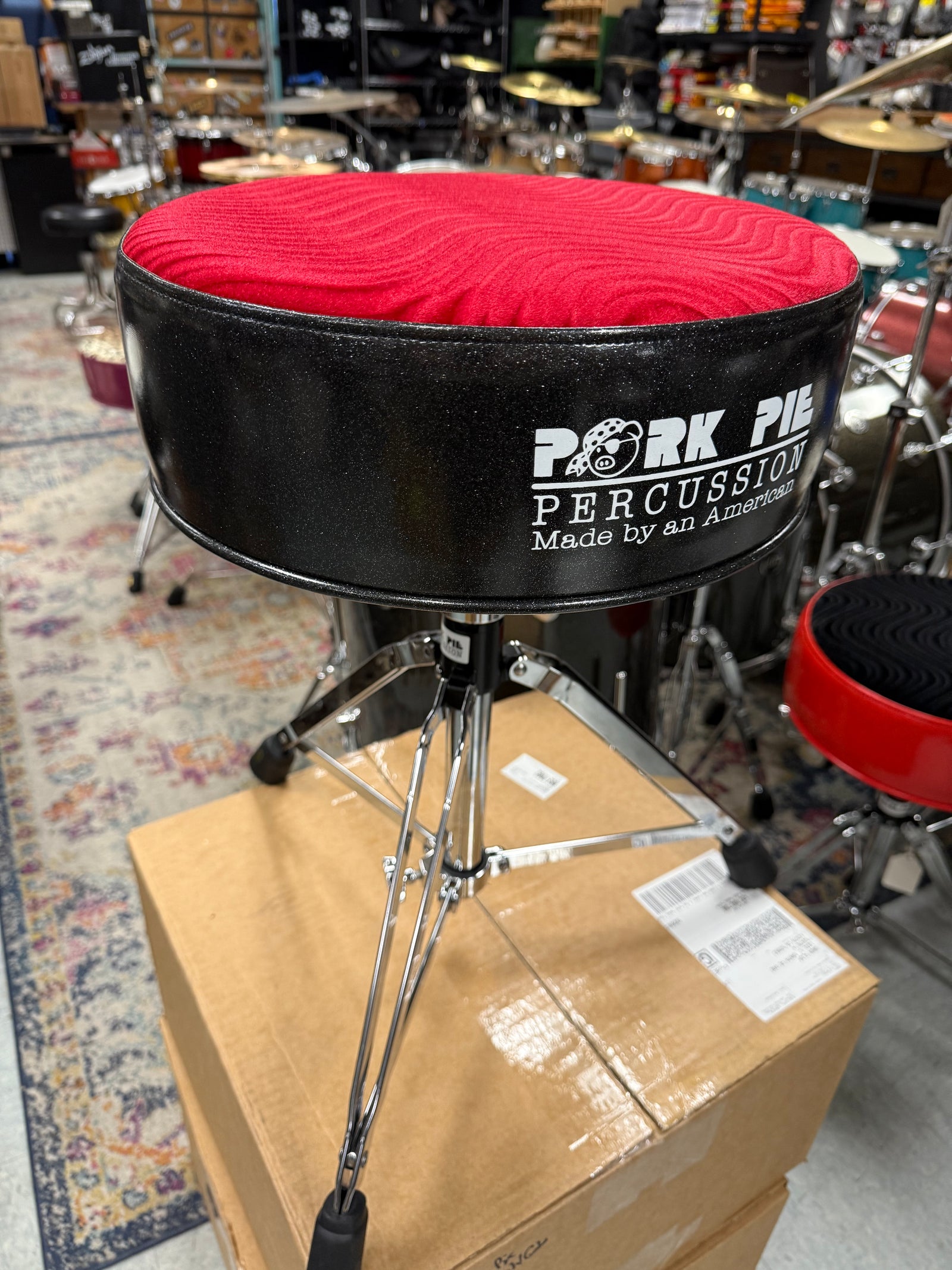 Pork Pie Drum Throne Black Sparkle Red Crush Top