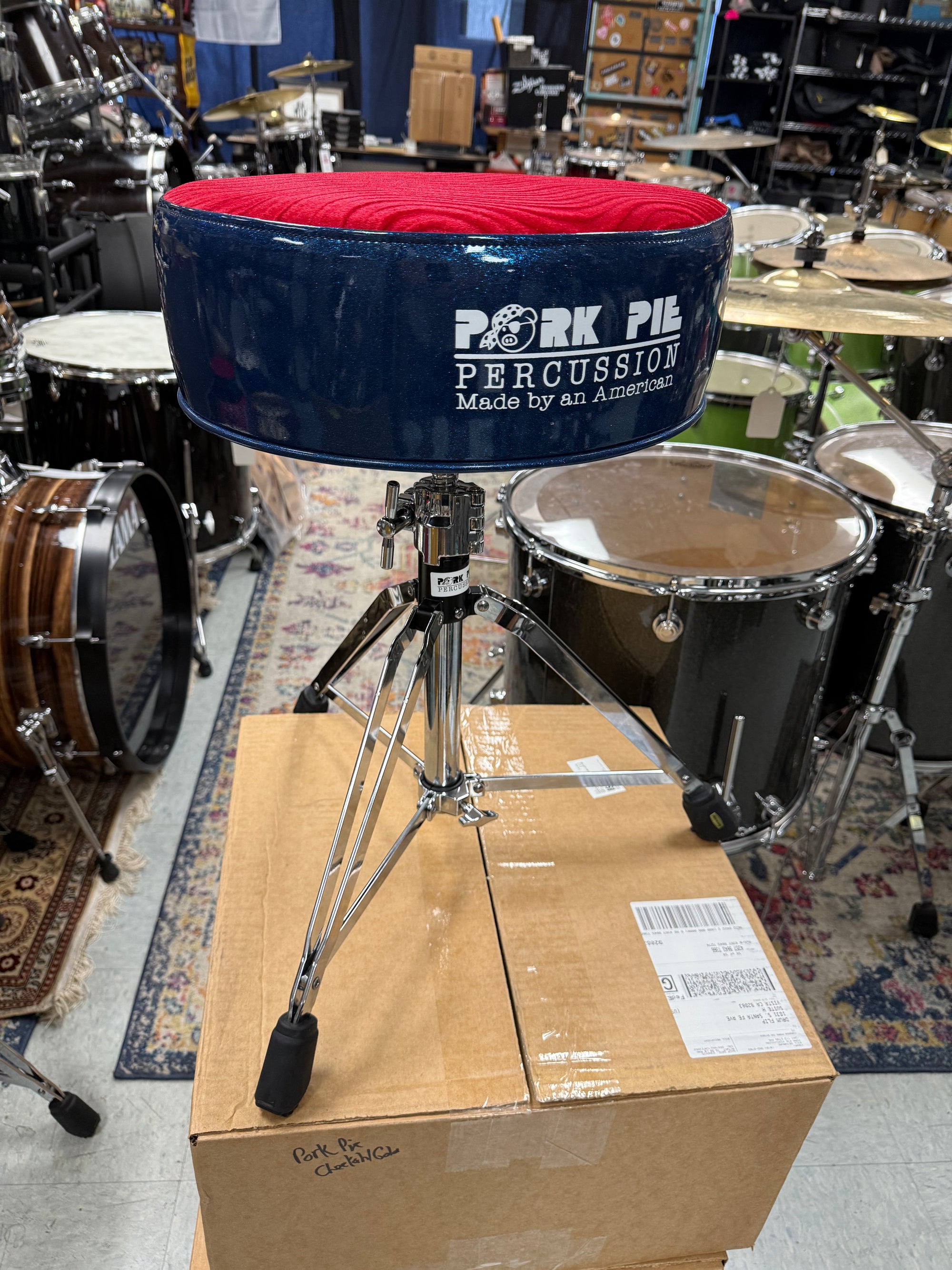 Pork Pie Drum Throne Blue Sparkle Red Top
